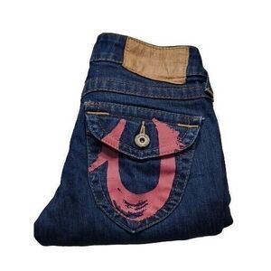 Vintage True Religion Jeans Women Sz 24 Blue Denim Straight Leg Pink Pockets‎